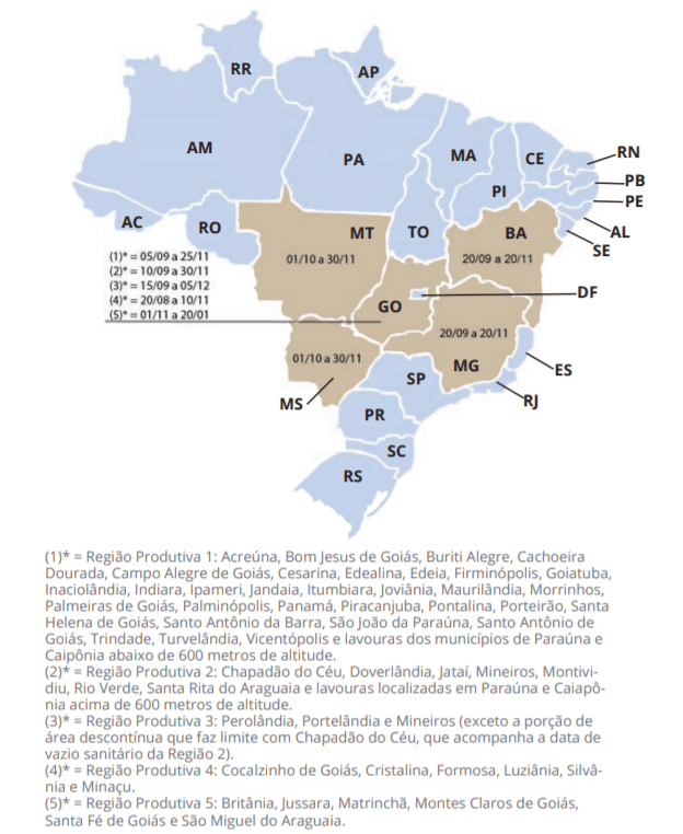 Mapa do período de vazio sanitário no Mato Grosso, Goiás, Mato Grosso do Sul, Minas Gerais e Bahia. 